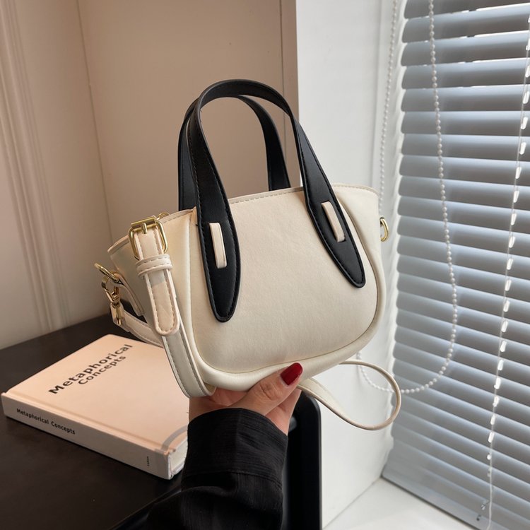 PU Shoulder Bag with Zipper and Stitching Detail - White with Khaki,White with Khaki with Pendant,White with Green,White with Green with Pendant,White with Black,White with Black with Pendant,Black with Pendant,Black - One Size