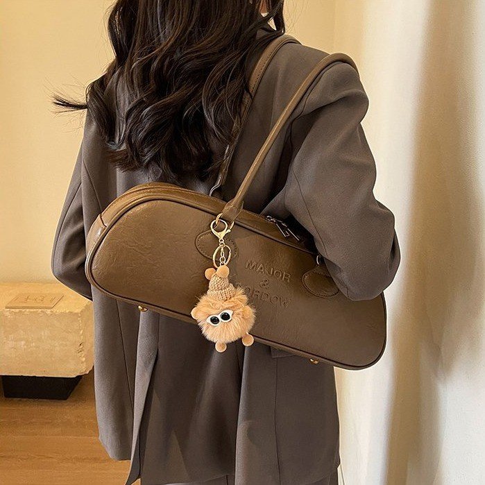 PU Shoulder Bag with Zipper and Stitching Detail - Mud,Black,Coffee,Brown - Without Pendant,With Pendant