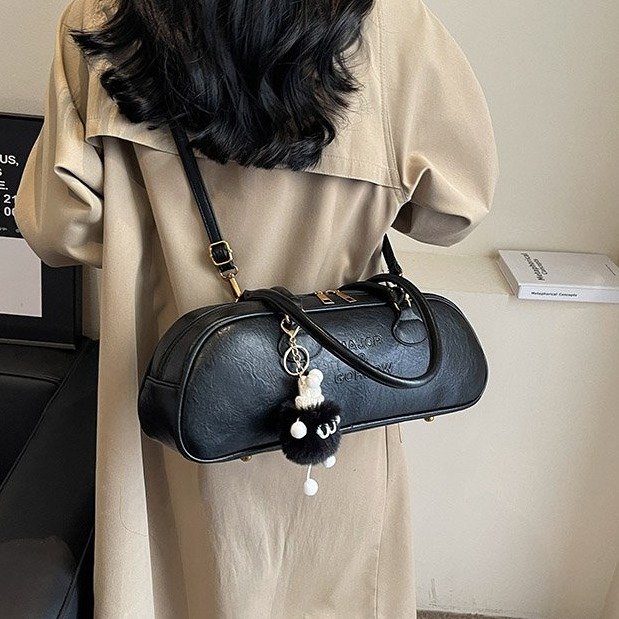 PU Shoulder Bag with Zipper and Stitching Detail - Mud,Black,Coffee,Brown - Without Pendant,With Pendant - Image 4