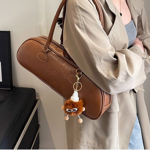 PU Shoulder Bag with Zipper and Stitching Detail - Mud,Black,Coffee,Brown - Without Pendant,With Pendant - Image 2