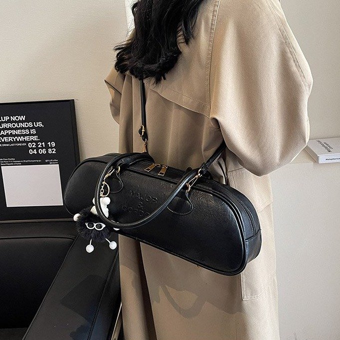 PU Shoulder Bag with Zipper and Stitching Detail - Mud,Black,Coffee,Brown - Without Pendant,With Pendant - Image 3