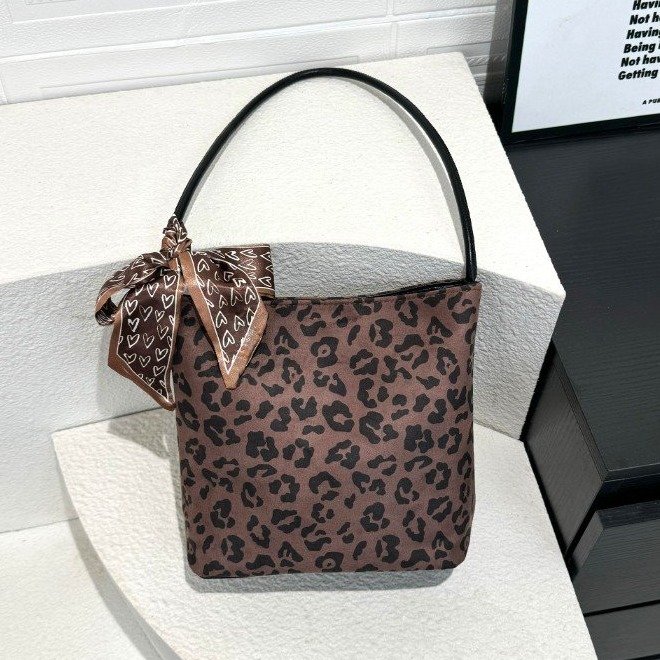 Leopard Print Suede Handbag and Crossbody Bag with Magnetic Closure