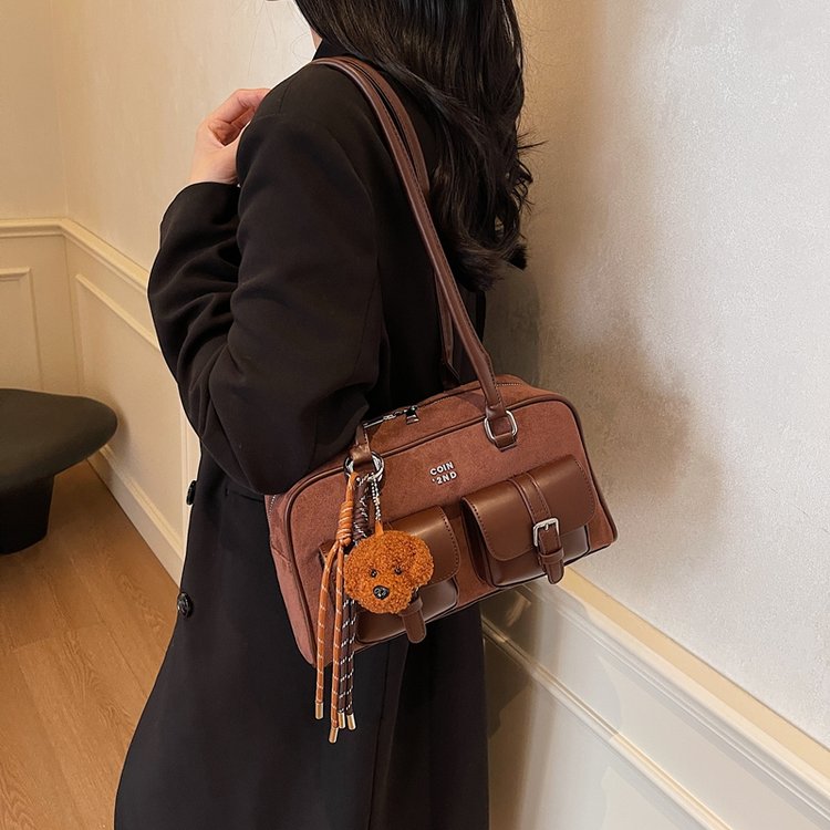 PU Boston Shoulder Bag with Zipper and Stitching - Winter 2024