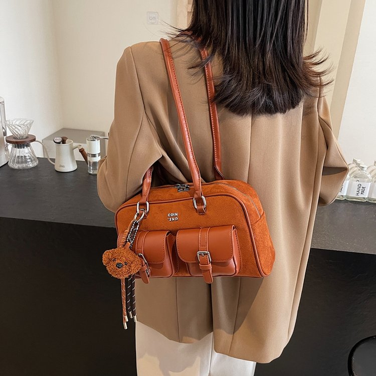 PU Boston Shoulder Bag with Zipper and Stitching - Winter 2024 - Image 2