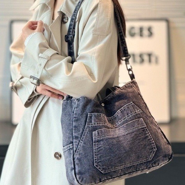 Denim Crossbody Handbag with Magnetic Closure and Colorblock Design - Image 2