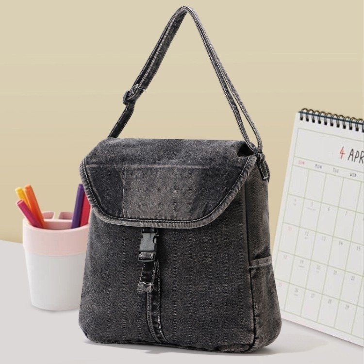 Denim Shoulder Crossbody Bag with Colorblock Flap Closure - Image 2