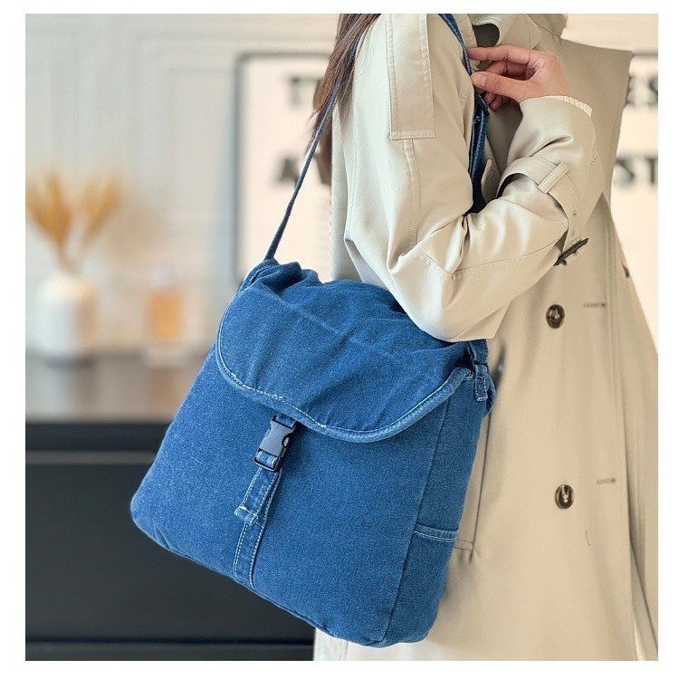 Denim Shoulder Crossbody Bag with Colorblock Flap Closure - Image 3