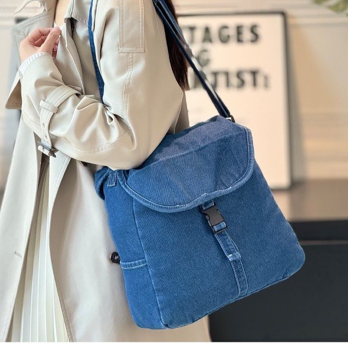 Denim Shoulder Crossbody Bag with Colorblock Flap Closure - Image 4