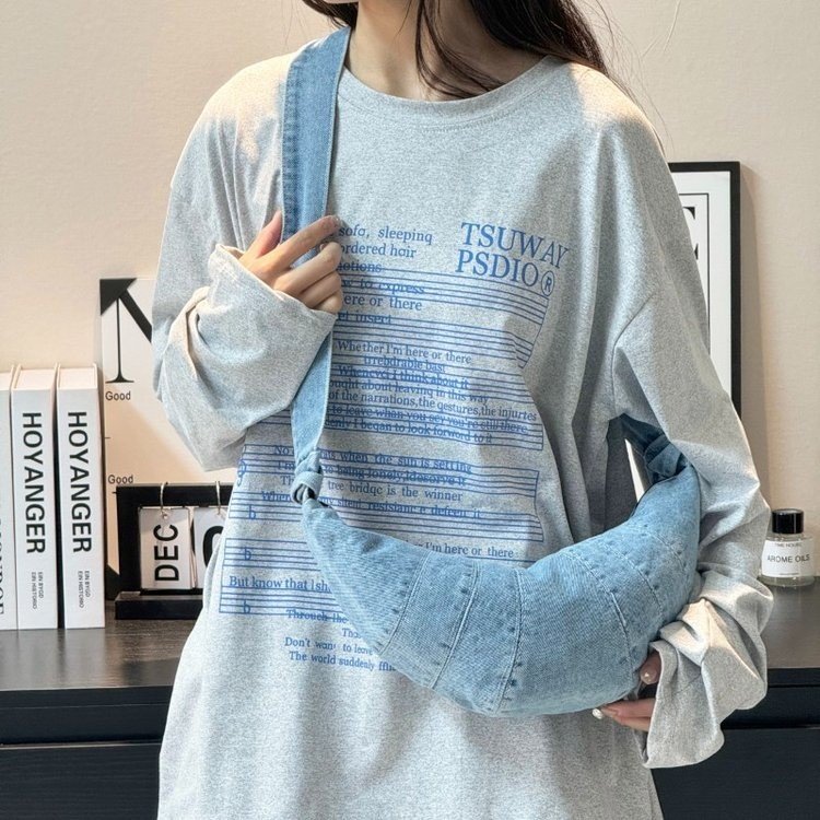 Denim Crescent Shoulder Crossbody Bag with Contrast Color