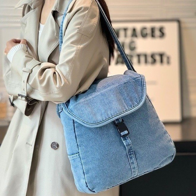 Denim Shoulder Crossbody Bag with Colorblock Flap Closure