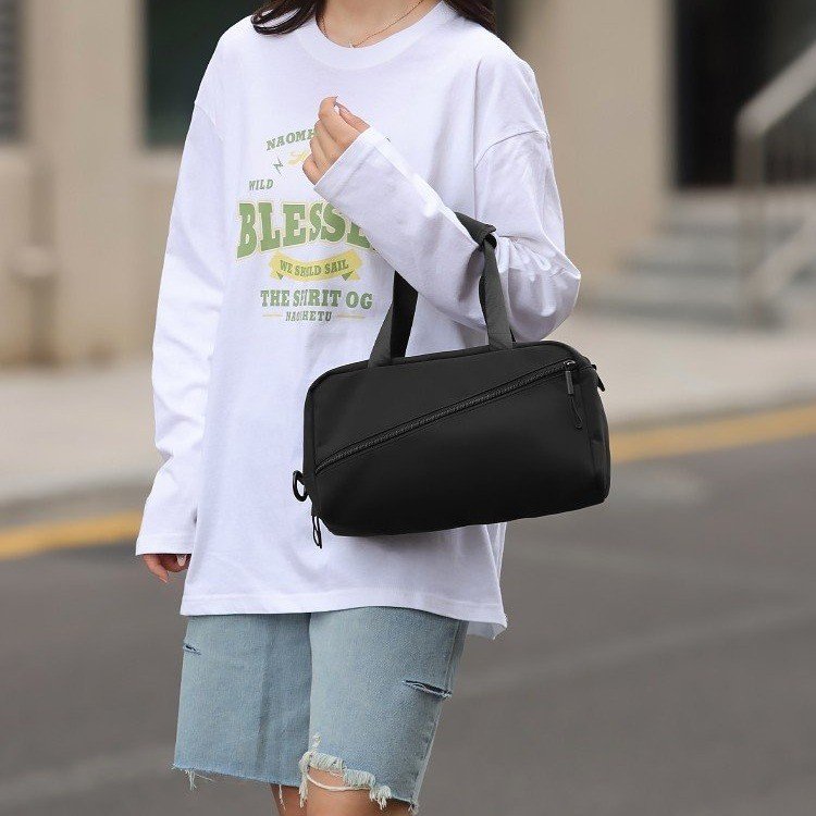Nylon Small Square Shoulder Bag with Zipper and Stitching - Image 4