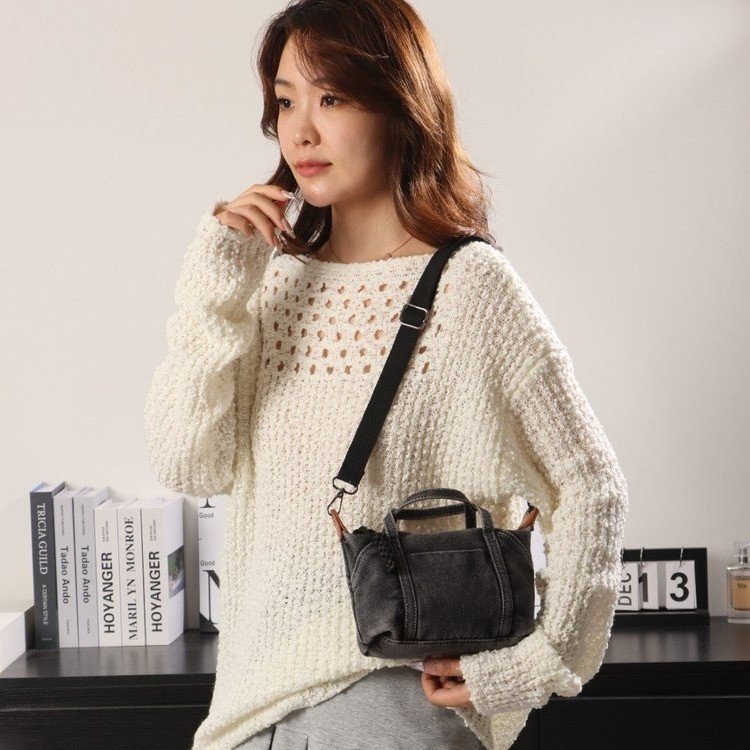 Denim Mini Shoulder Bag with Zipper and Stitching Detail