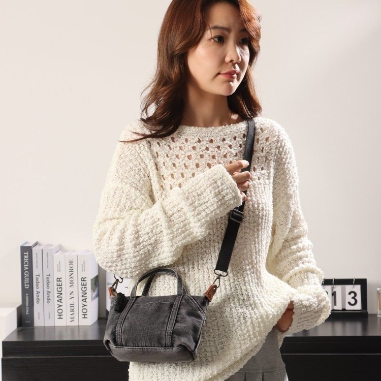 Denim Mini Shoulder Bag with Zipper and Stitching Detail - Image 2