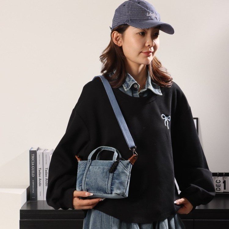Denim Mini Shoulder Bag with Zipper and Stitching Detail - Image 4