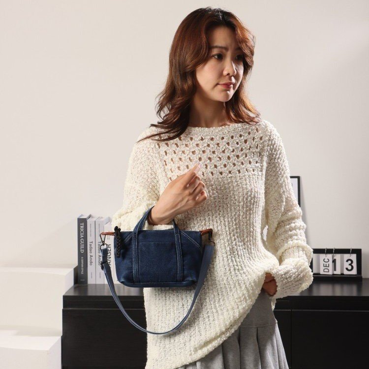 Denim Mini Shoulder Bag with Zipper and Stitching Detail - Image 3