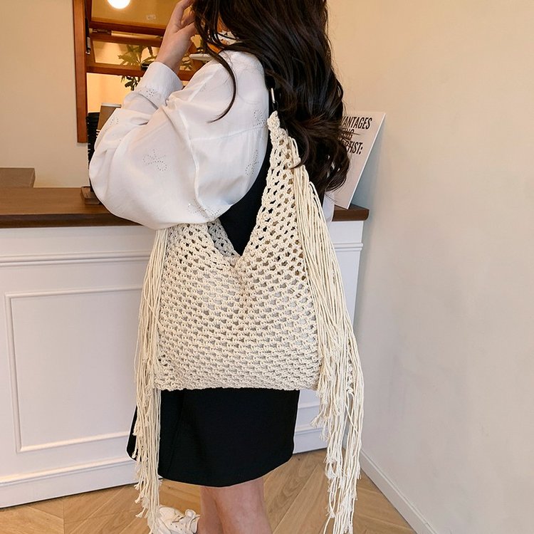 Bohemian Cotton Rope Shoulder Bag with Tassel Detail for Women - Image 3