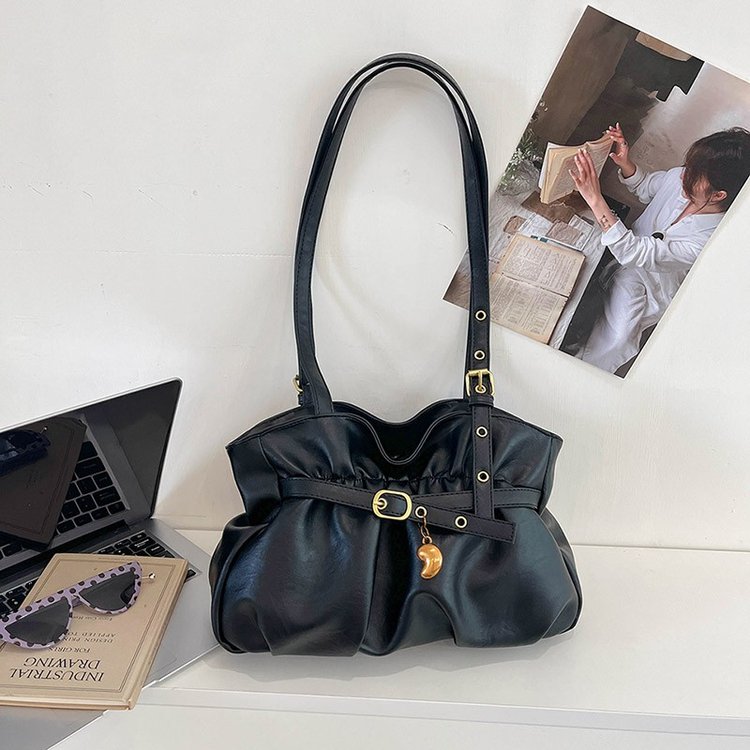 PU Ruched Shoulder Handbag with Lock Clasp and Zip Closure - Image 4