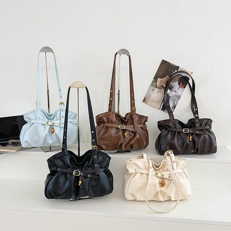 PU Ruched Shoulder Handbag with Lock Clasp and Zip Closure